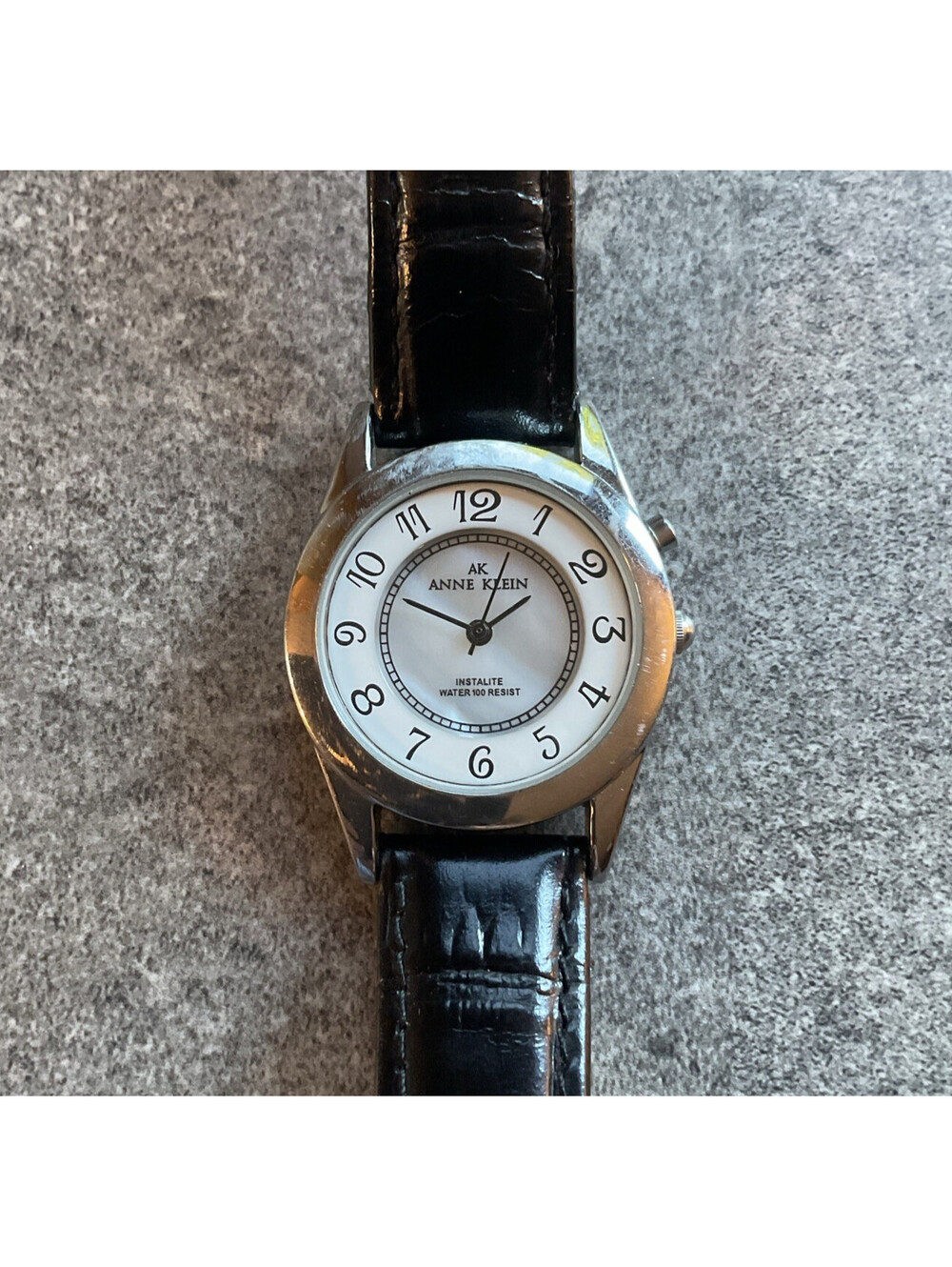Anne Klein Womens Watch 30mm Silver Tone Case MOP Backlight Dial Leather Band A8